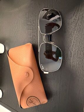 Ray-Ban Silver Frame Sunglasses with Black Lenses and Tan Case